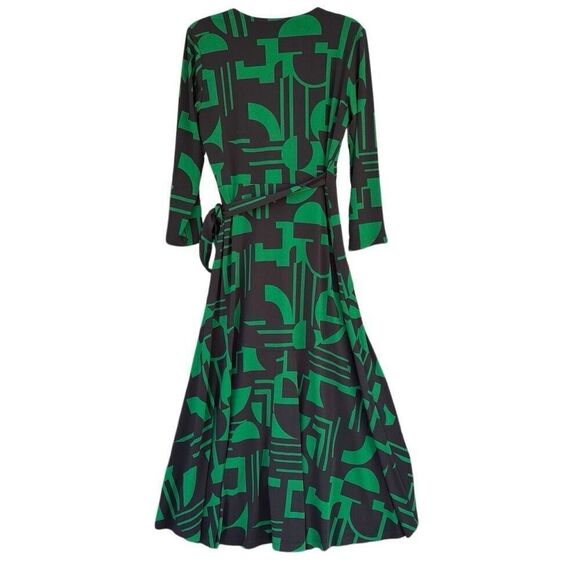 Susan Graver Green Black Geometric Print Knit 3/4 Sleeve Wrap Belted Dress Small - Picture 9 of 10